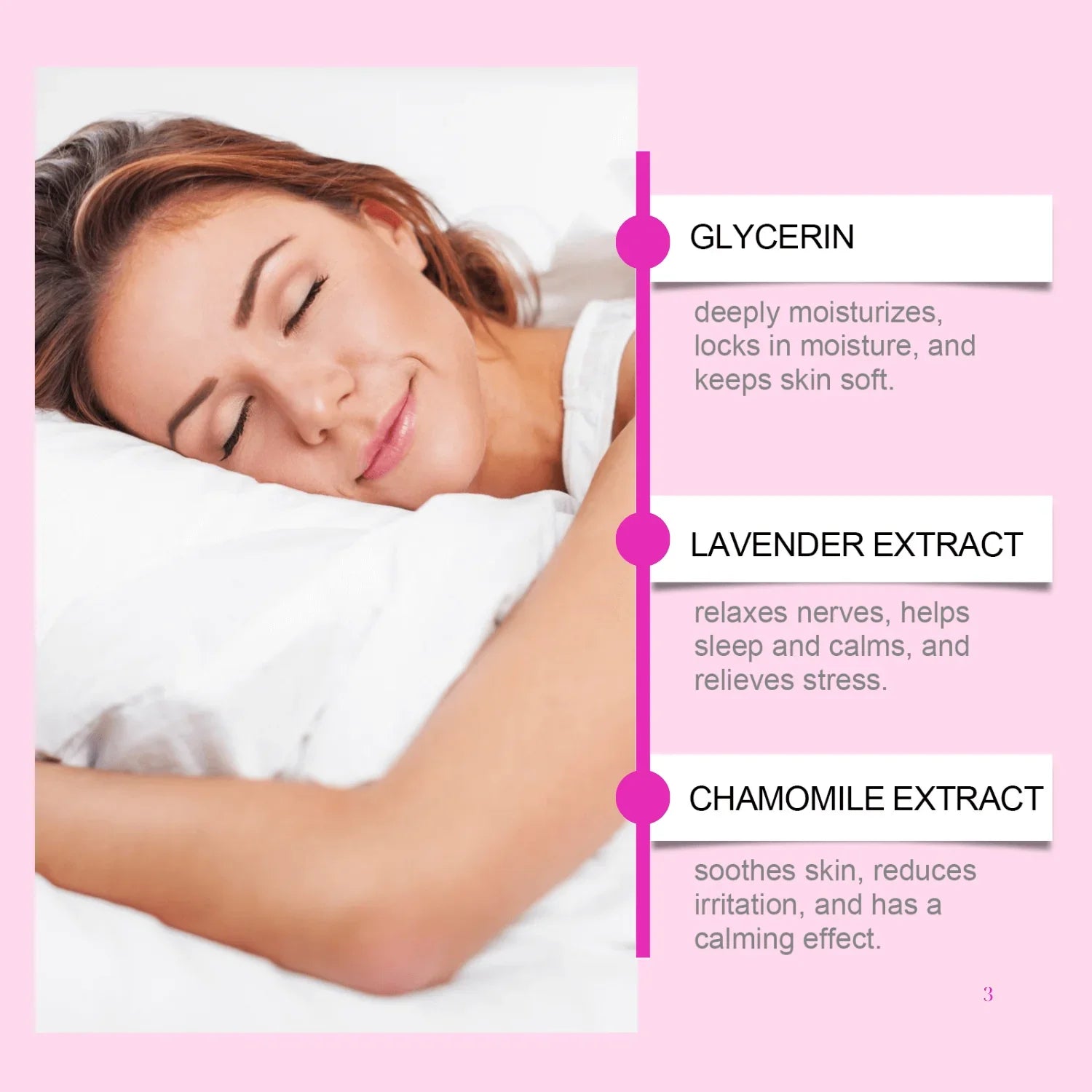 Woman sleeping peacefully on white pillow, benefits of glycerin, lavender extract, chamomile extract