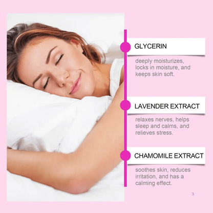 Woman sleeping peacefully on white pillow, benefits of glycerin, lavender extract, chamomile extract