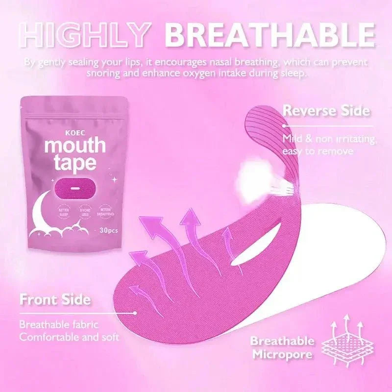 KOEC mouth tape anti-snoring sleep strip packaging and breathable tape diagram on pink background