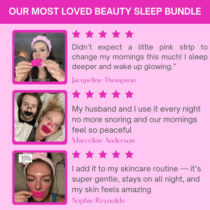 Beauty sleep bundle reviews with photos of people using KOEC mouth tape strips for anti-snoring.