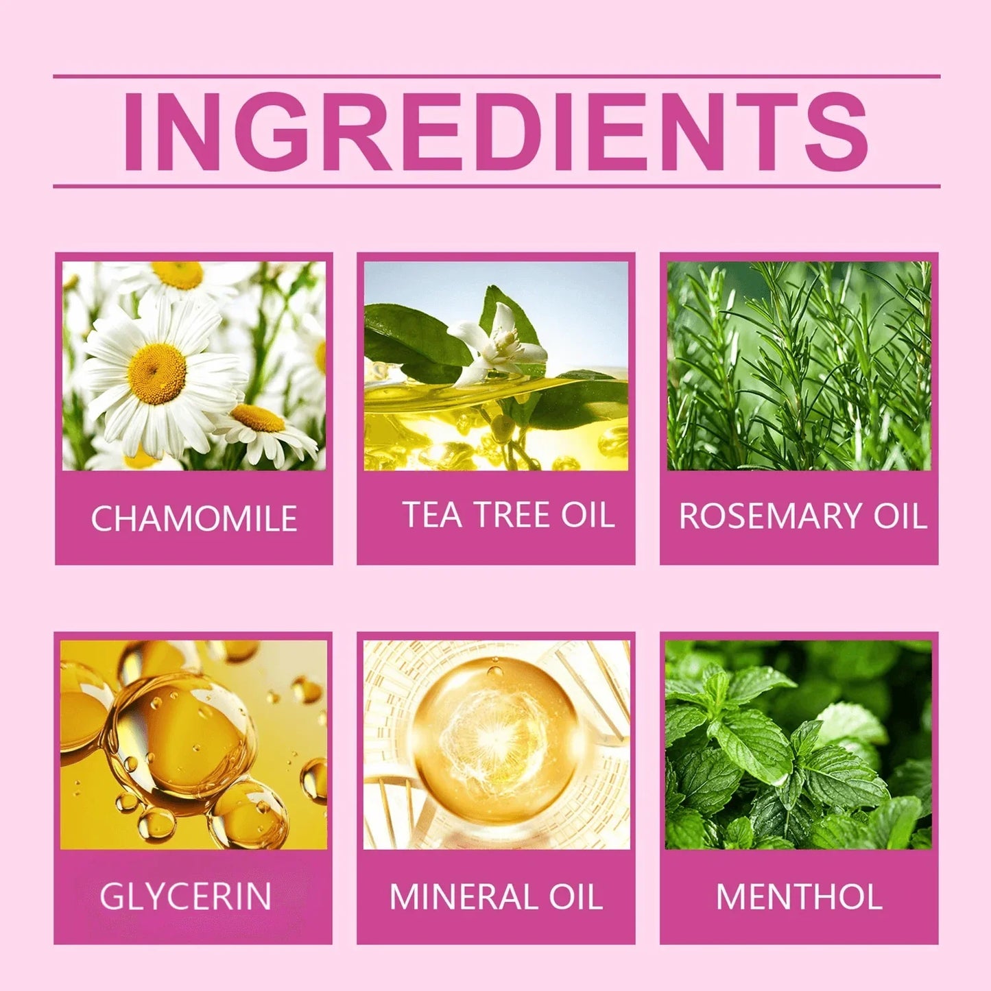 Ingredients graphic showing chamomile, tea tree oil, rosemary oil, glycerin, mineral oil, menthol