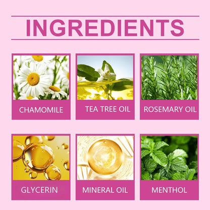 Ingredients graphic showing chamomile, tea tree oil, rosemary oil, glycerin, mineral oil, menthol