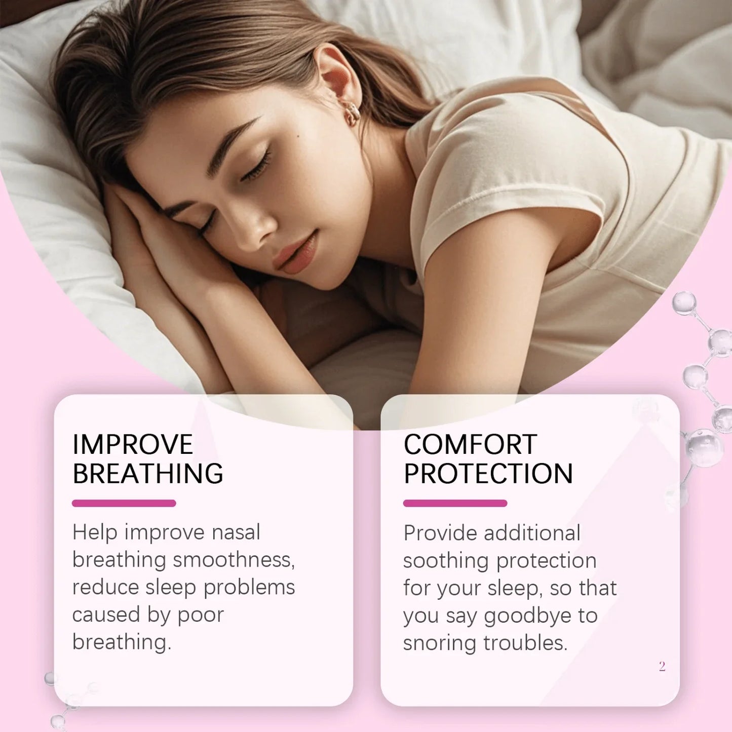 Woman sleeping peacefully with KOEC mouth tape benefits for anti-snoring and comfort highlighted.