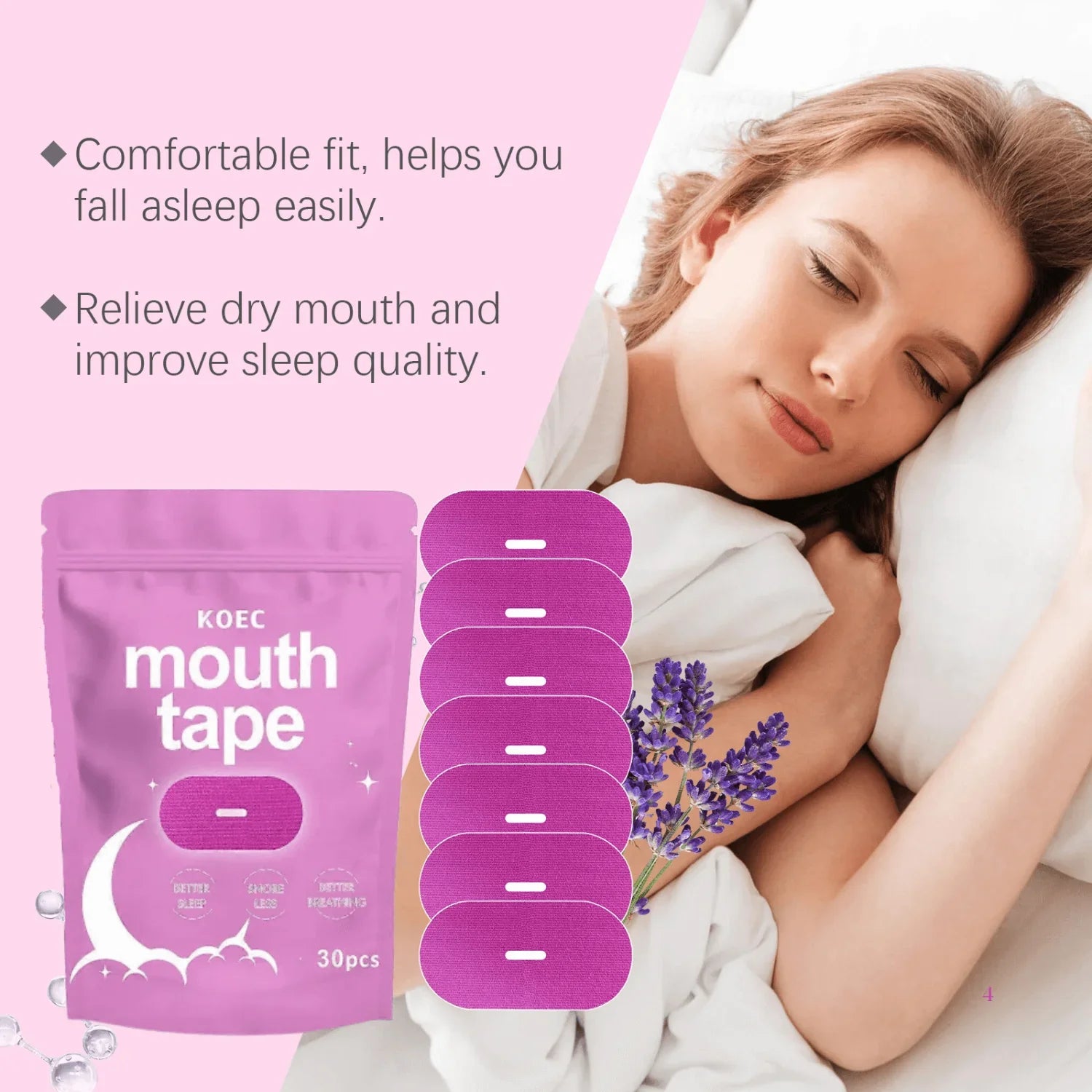 KOEC mouth tape package and strips for anti-snoring, beside woman sleeping peacefully.