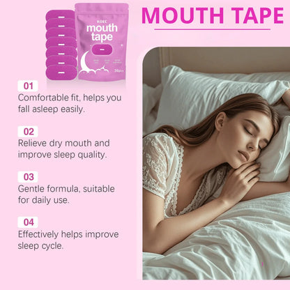KOEC mouth tape anti-snoring sleep strips product with benefits and woman sleeping in bed